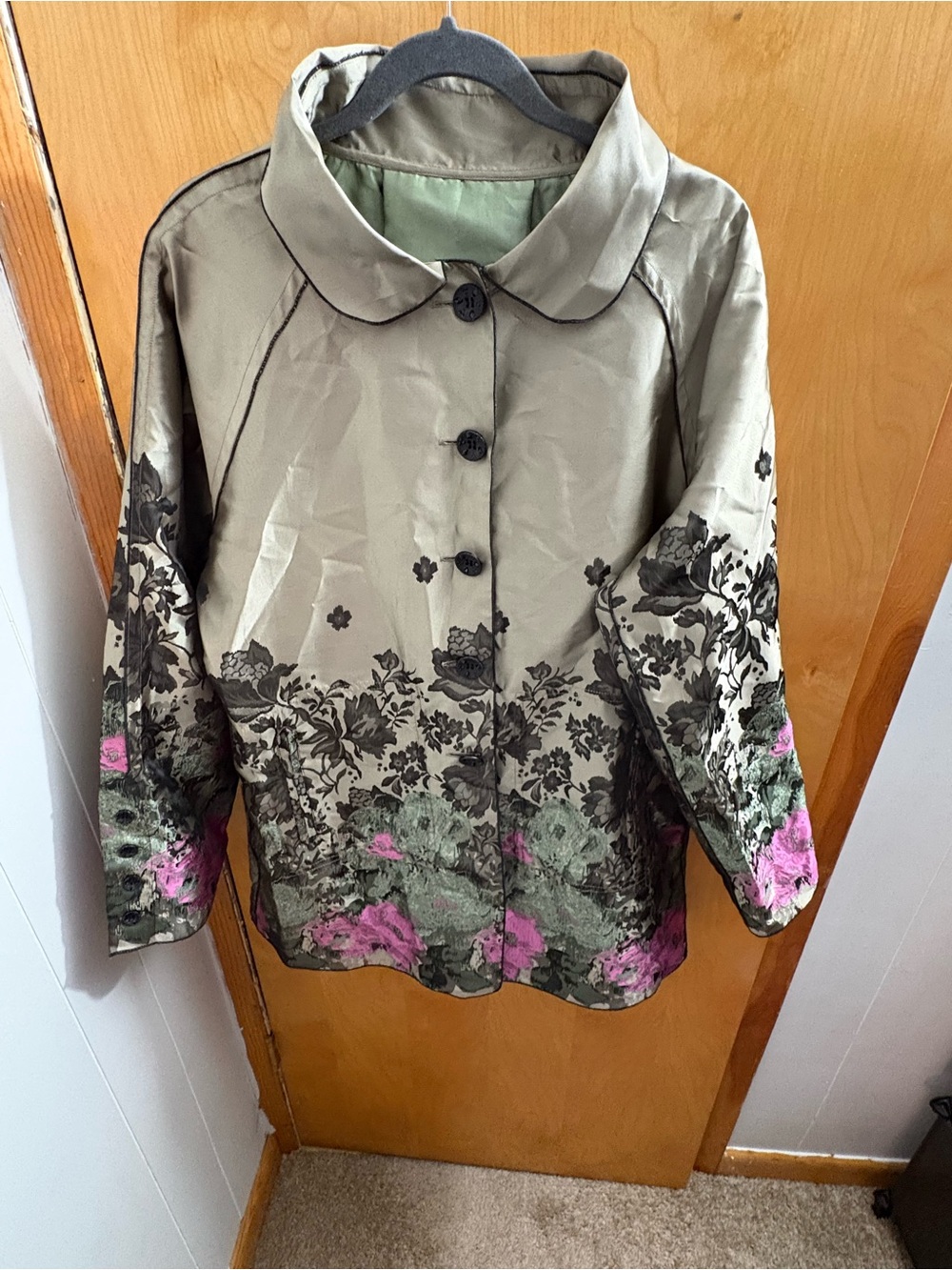 Olive Floral Embroidered Trench Coat with Pink Accents